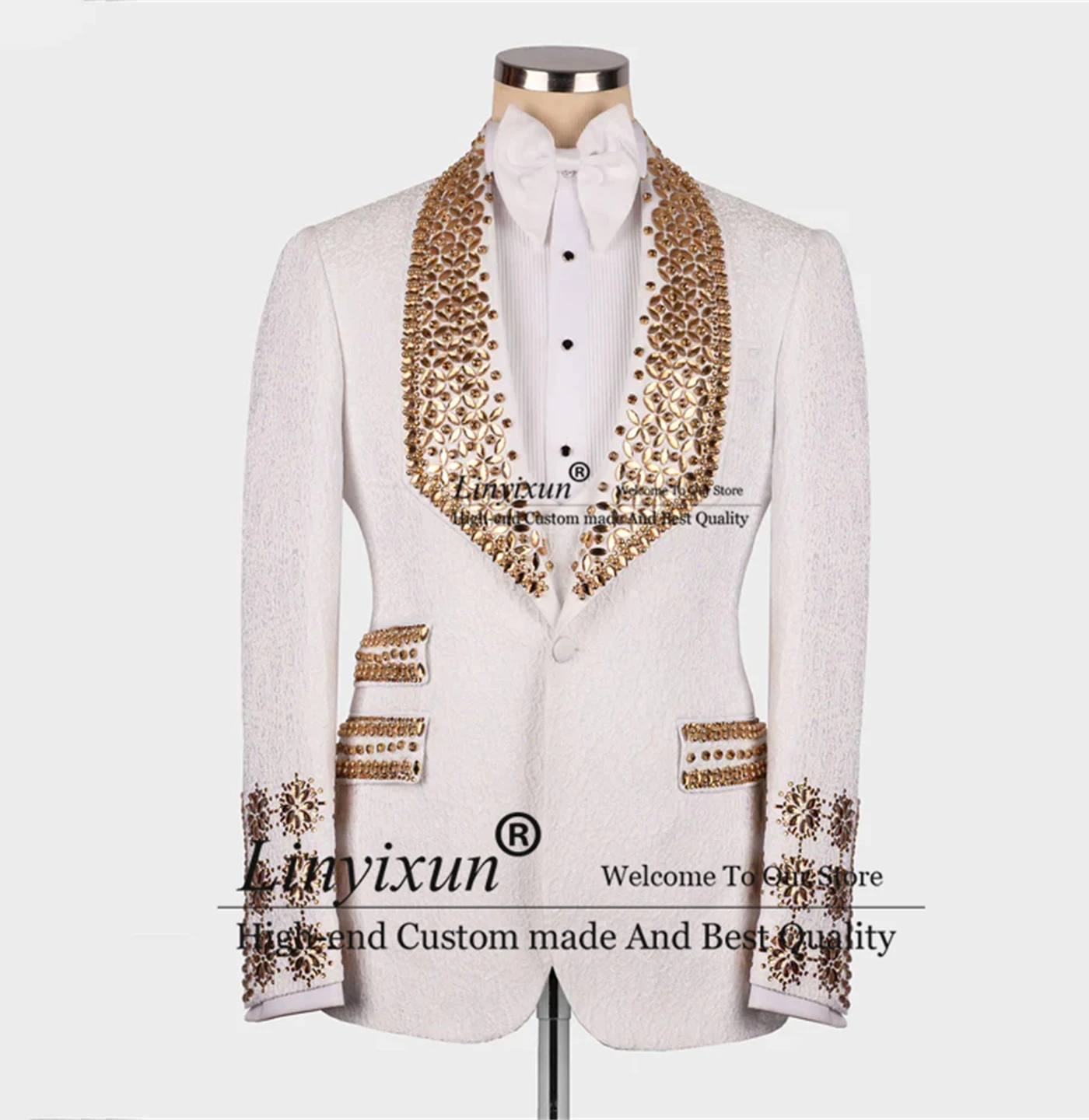 Gold Gem Stones White Tuxedo Luxury Beaded Men Suits Business Male Blazers 3 Pieces Sets Dinner Party Terno Masculino Completo