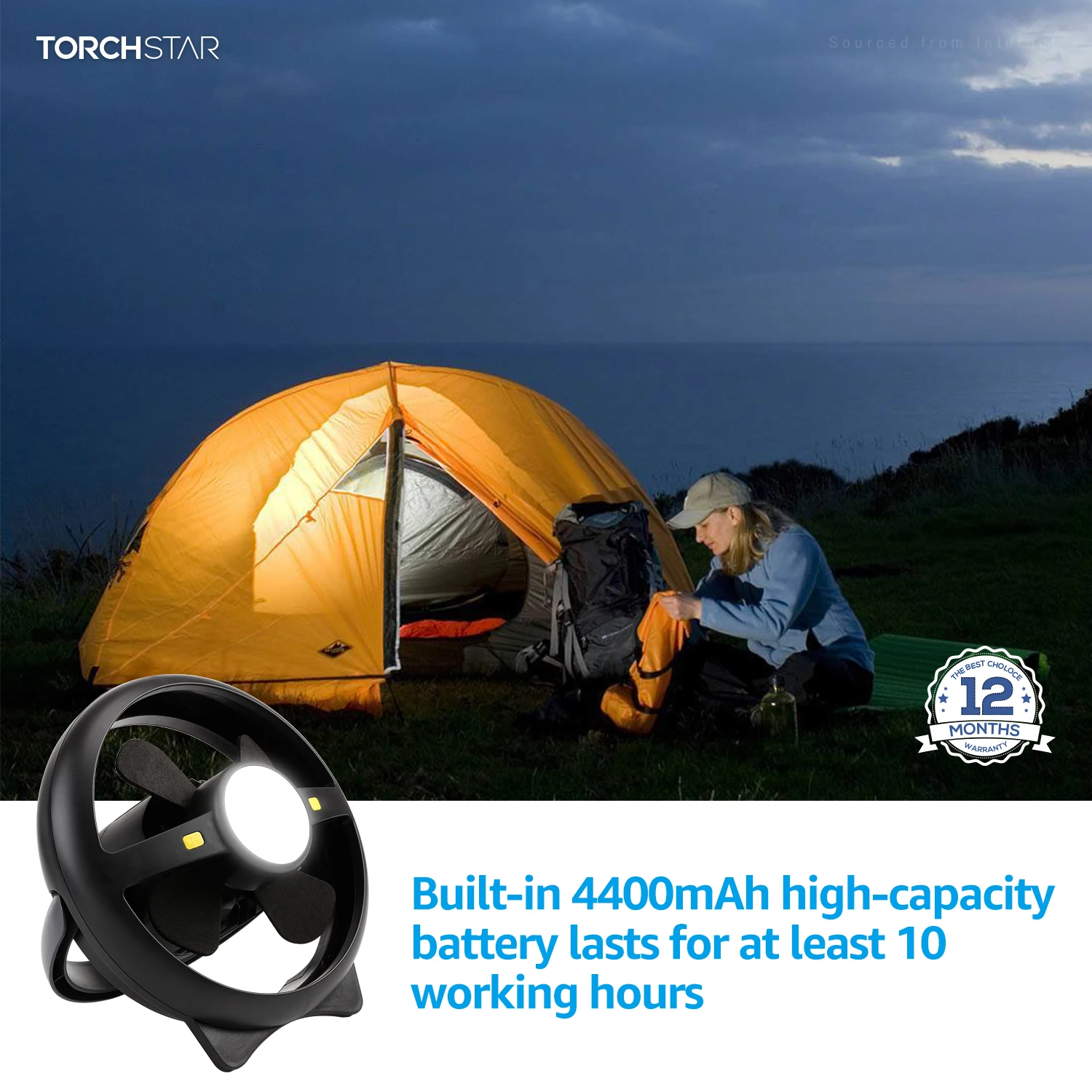 Rechargeable Camping Light with Speed-Adjustable Fan, USB 4400mAh Battery Powered Camping Fan, Damp Locations, for Tent, Hiking