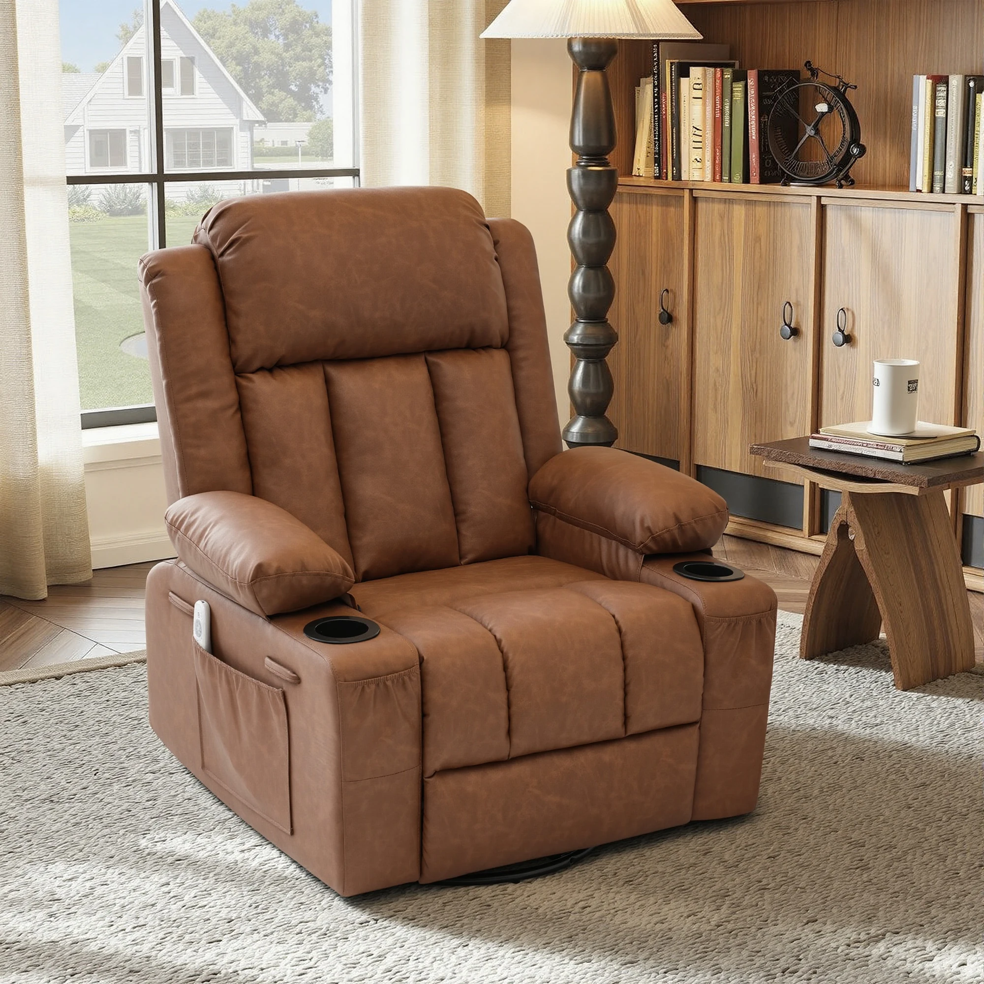 Massage Heated Swivel Rocker Recliner Chair, PU Leather Manual Reclining Lounge Chair with 8‑Point Vibration, Storage Pockets Cup Holder for Home