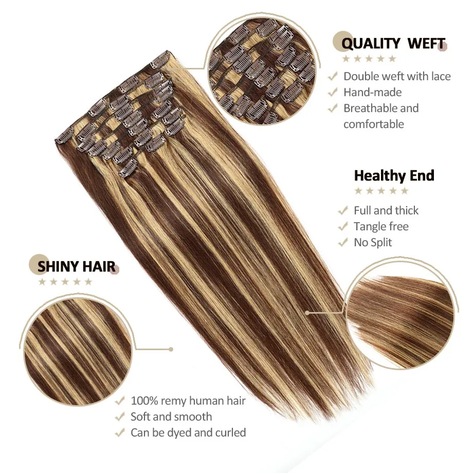 Extensiones de cabello humano con Clip, 10 piezas, marrón Chocolate a rubio caramelo, Natural, liso, Remy, 120g