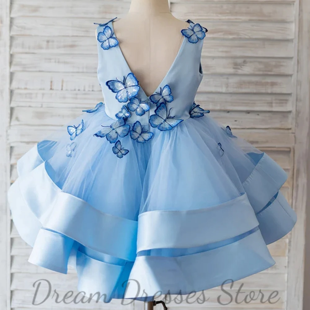 Sky Blue Sleeveless Flower Girl Dress Classic V-Neck Tulle and Satin with Butterflies A-Line Children Baby Party Custom Gowns