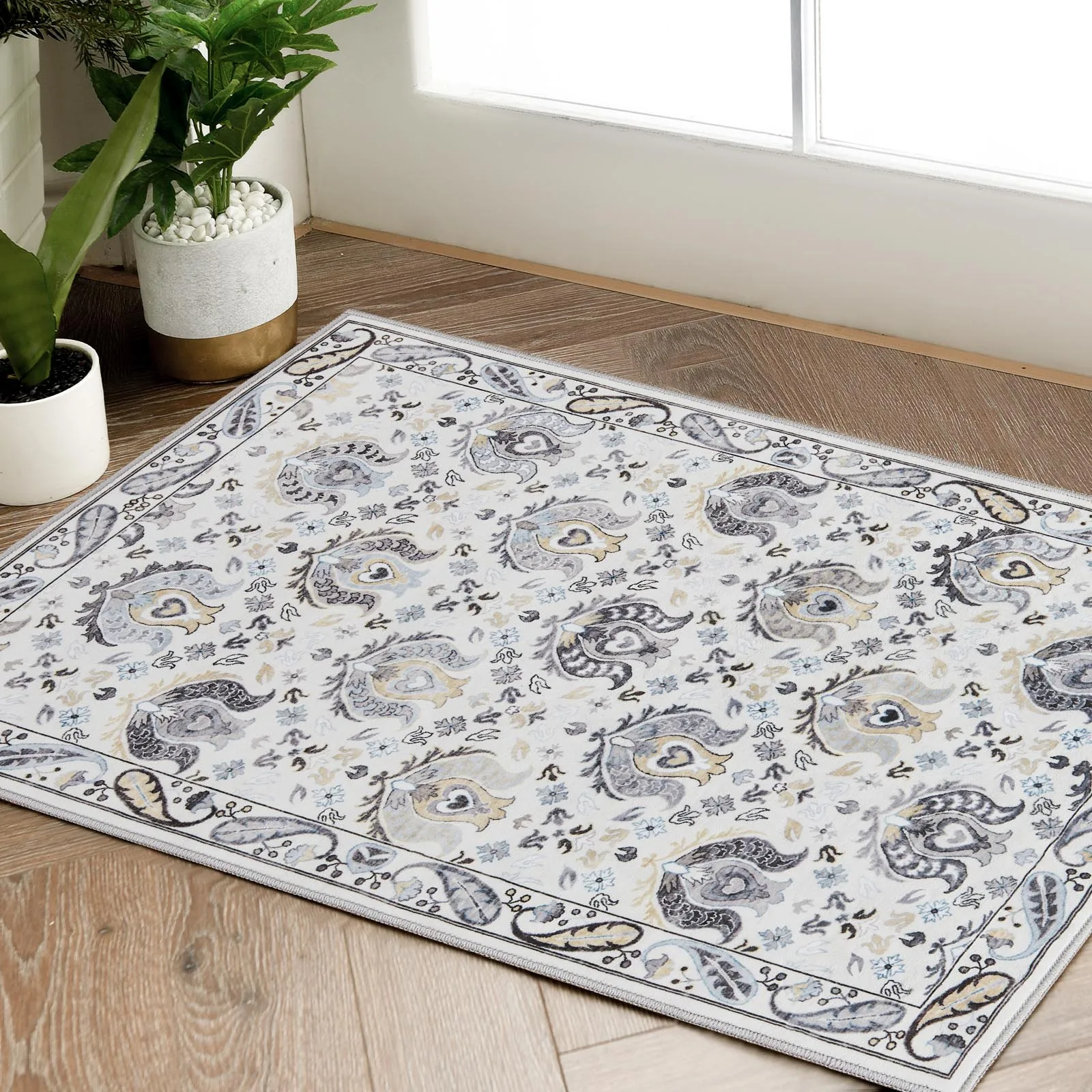 Vintage Grey & Gold Doormat Machine Washable Non-Slip Persian Accent Rug Traditional Floor Mat for Entryway Bedside Kitchen