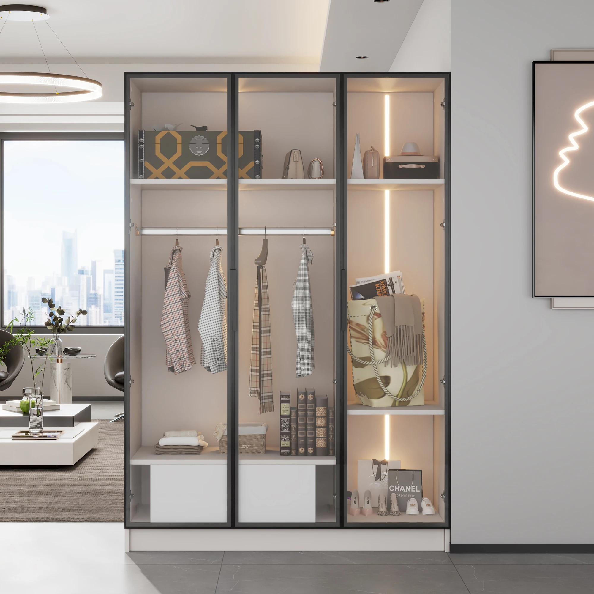 Grand placard blanc avec 3 portes vitrées, 1 tiroir et 1 tringle à vêtements - 110*50*160 cm - avec éclairage LED