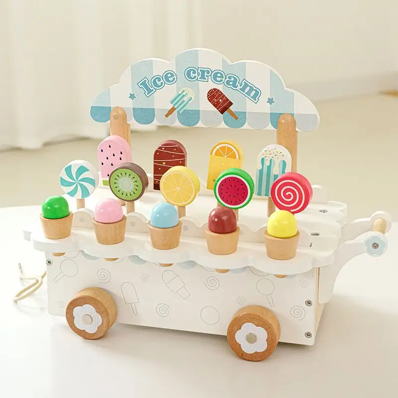 

Wooden Ice Cream Cart Toys Wooden Pretend Play Toys Children Role Play Game Montessori Simulation Food Education Toys for Todder