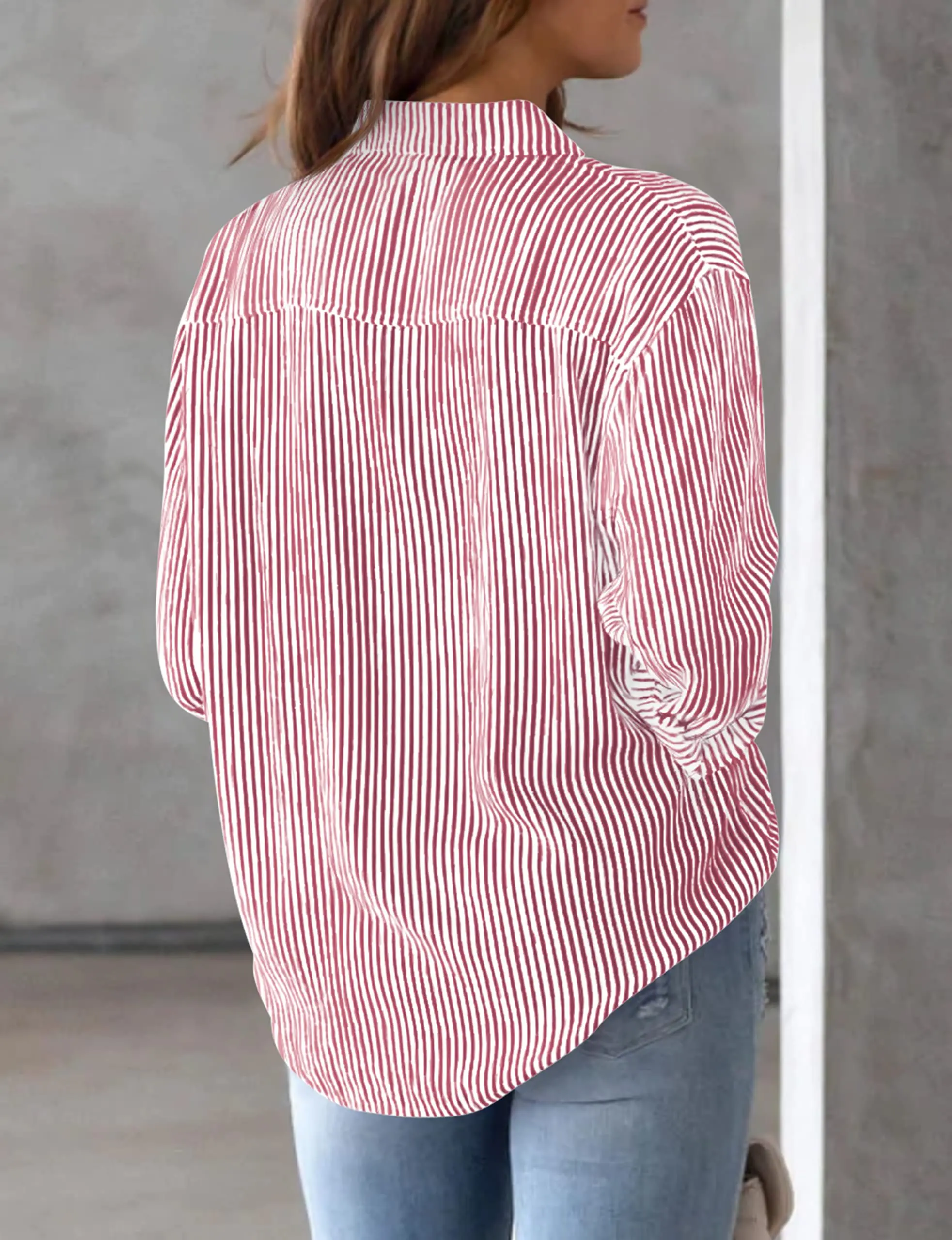 Women\'s Shirt Blouse Pink Striped classic Print,Button Long Sleeve Casual  No pockets Daily Basic Shirt 2024 Fall & Winter Tops