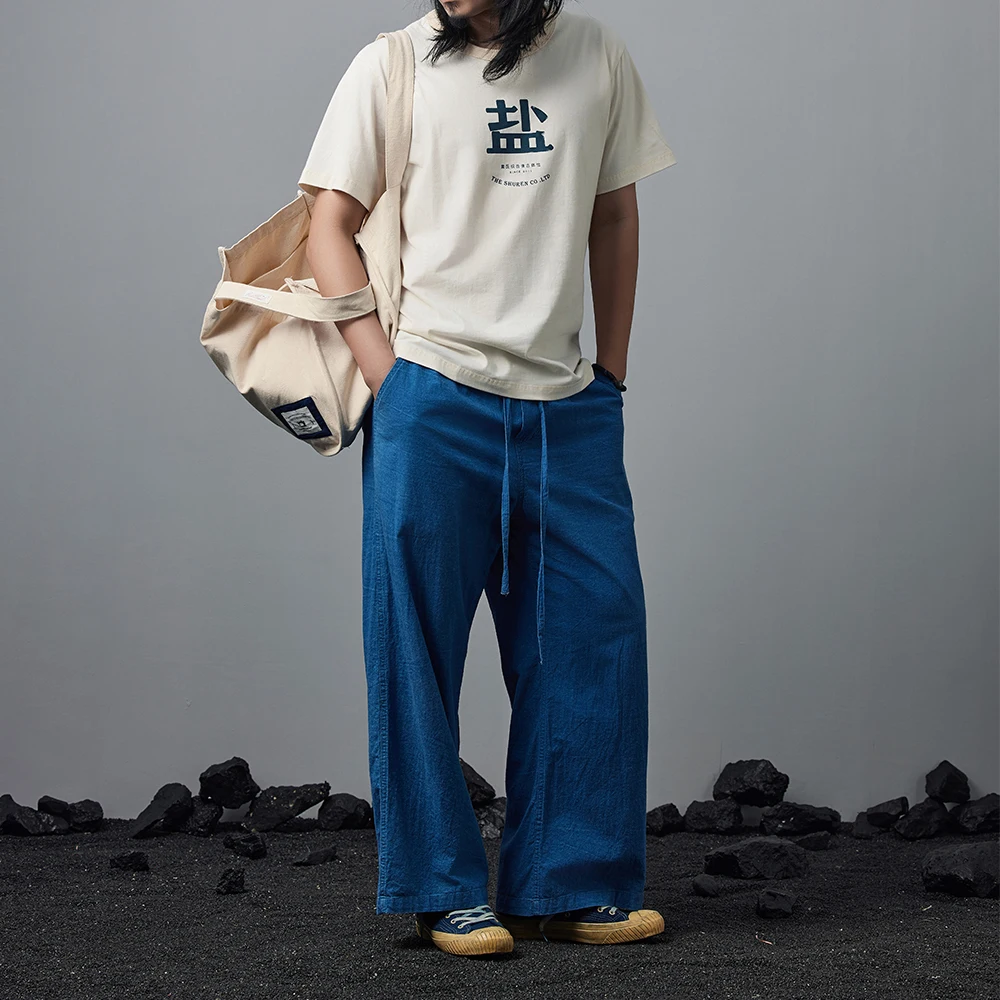 Vintage Indigo casual Pants Men's Loose Wide-Leg Pants Pure Cotton Lace-up Tapered Pants Four Seasons Blue Pants