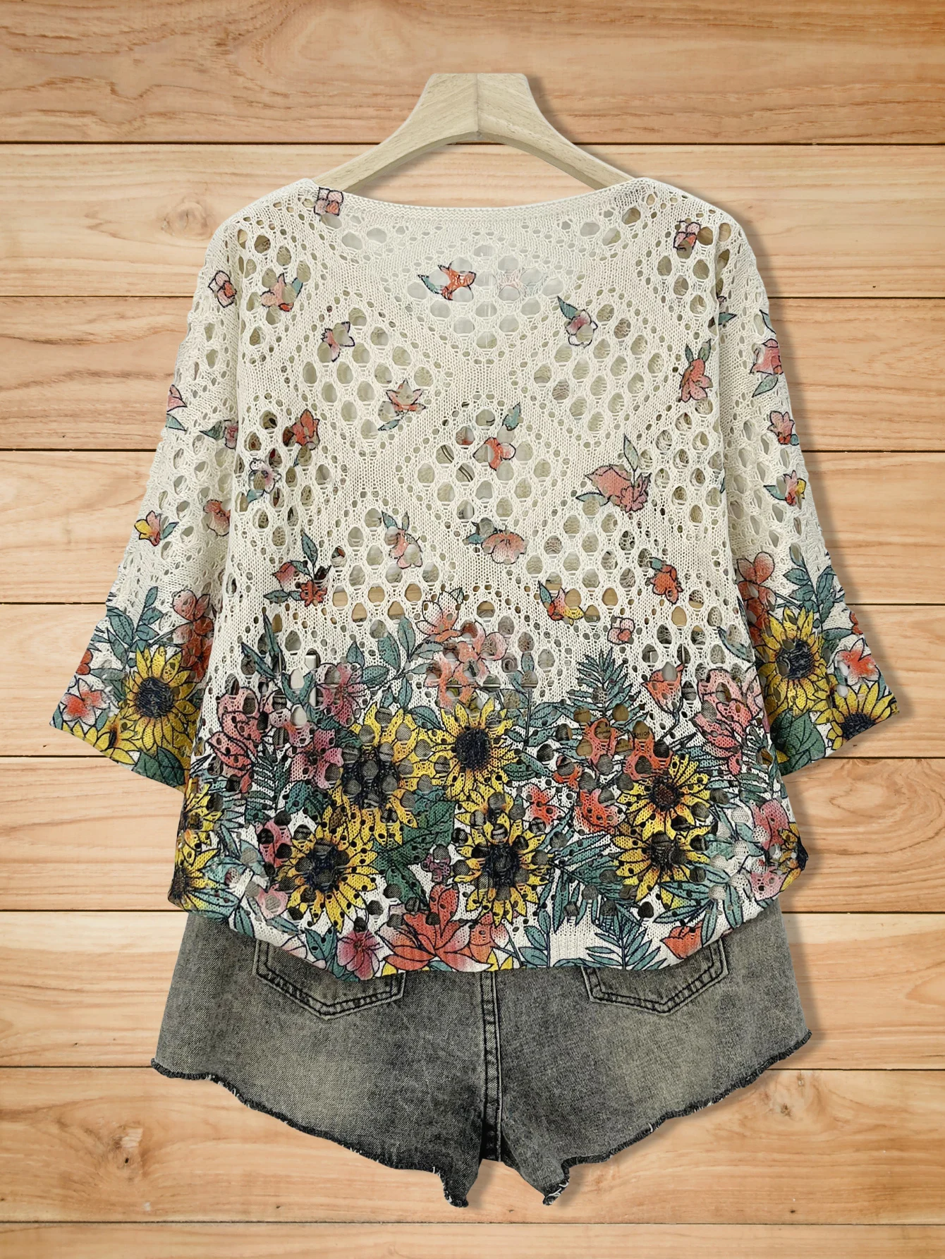 Women's Floral Print Hollow Out Knit Sweater, Casual V Neck Half Sleeve Loose Fit Pullover Top for Summer Vacation Streetwear view 3