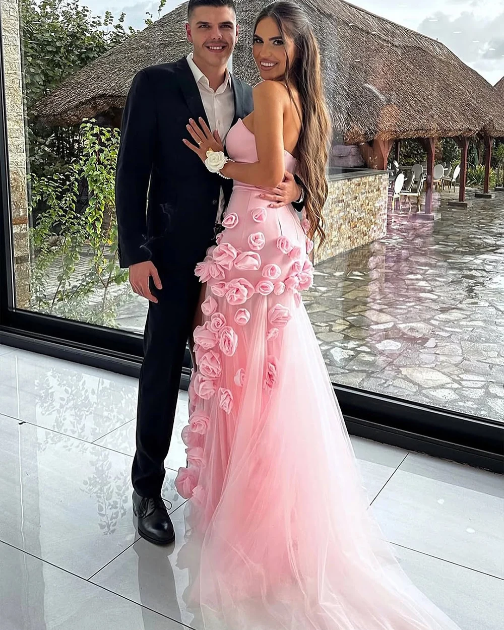 Msikoods – robe de soirée rose, élégante, fente haute, avec des appliques de fleurs 3D, sans bretelles, robe de bal, personnalisée, 2025