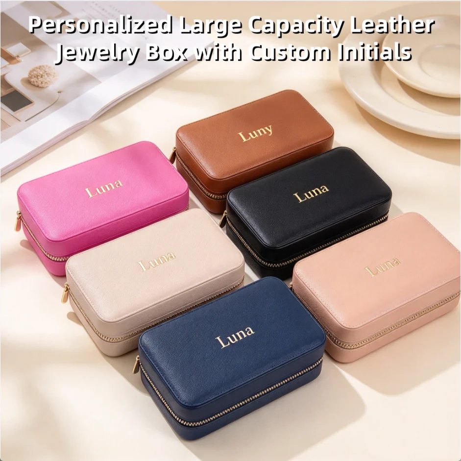 Custom Name Pebble Leather Medium Travel Jewelry Case Foil Embossed Jewelry Storage Box Jewelry Bag Stud Necklace Holder