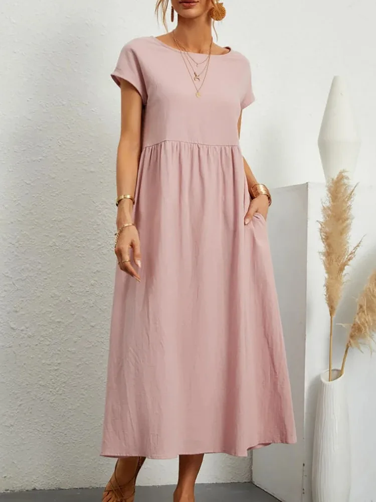 Summer Solid Maxi Dress Women Elegant Cotton Linen Short Sleeve O Neck Pockets Loose Sundress Female Harajuku Loose Long Dress