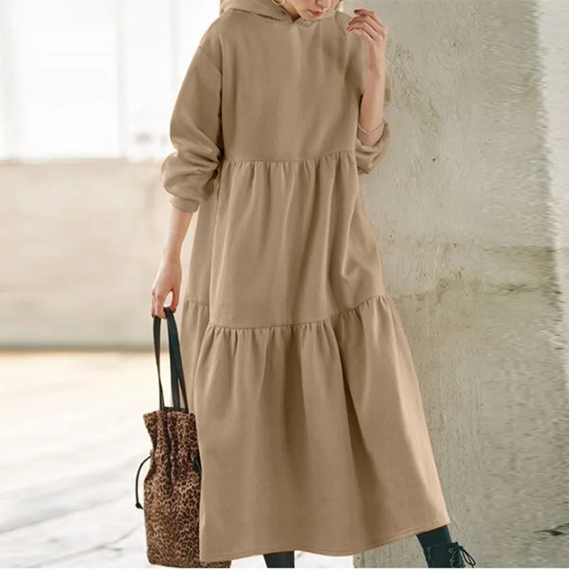 Ladies Long Sleeve Blouse Shirt Dress Vestido Spring Autumn Loose Casual Female Women Solid Pleated Hoodies Long Dress Plus Size