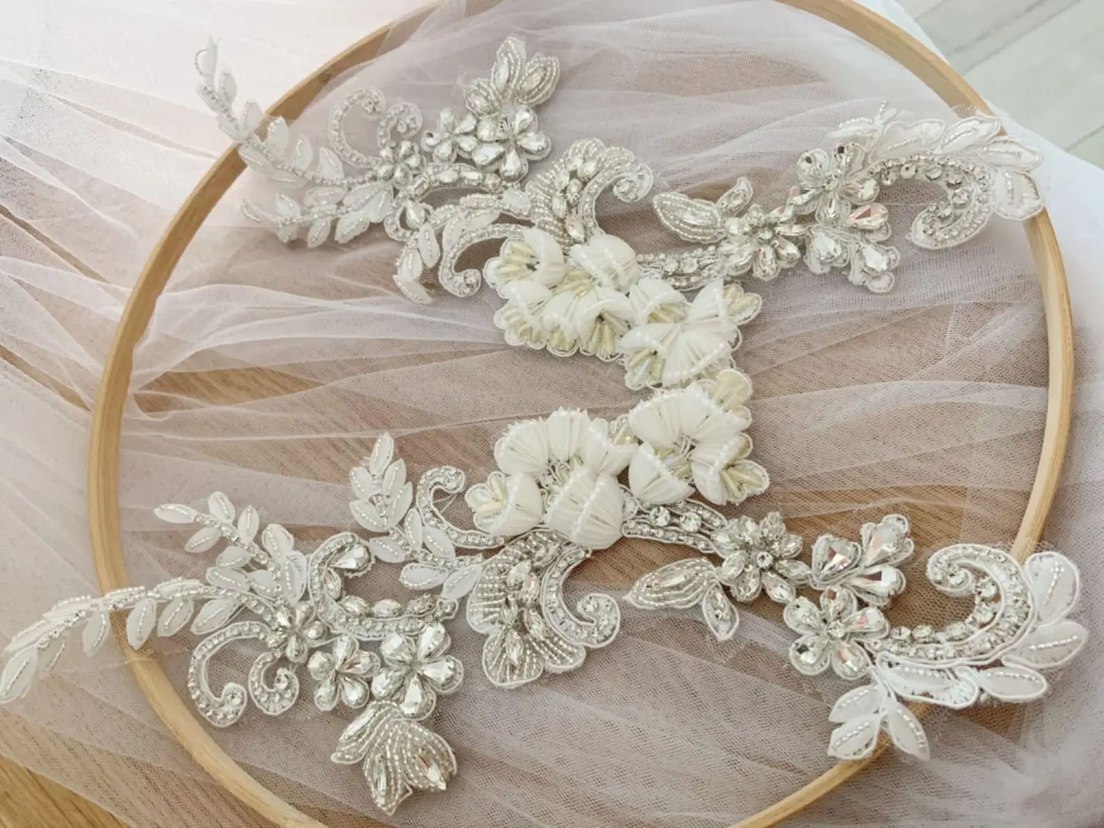 

Ivory Rhinestone Applique with 3d Florals For Couture, Dress, Costume, Rhinestone Patch with 3d Handcrafted Flowers