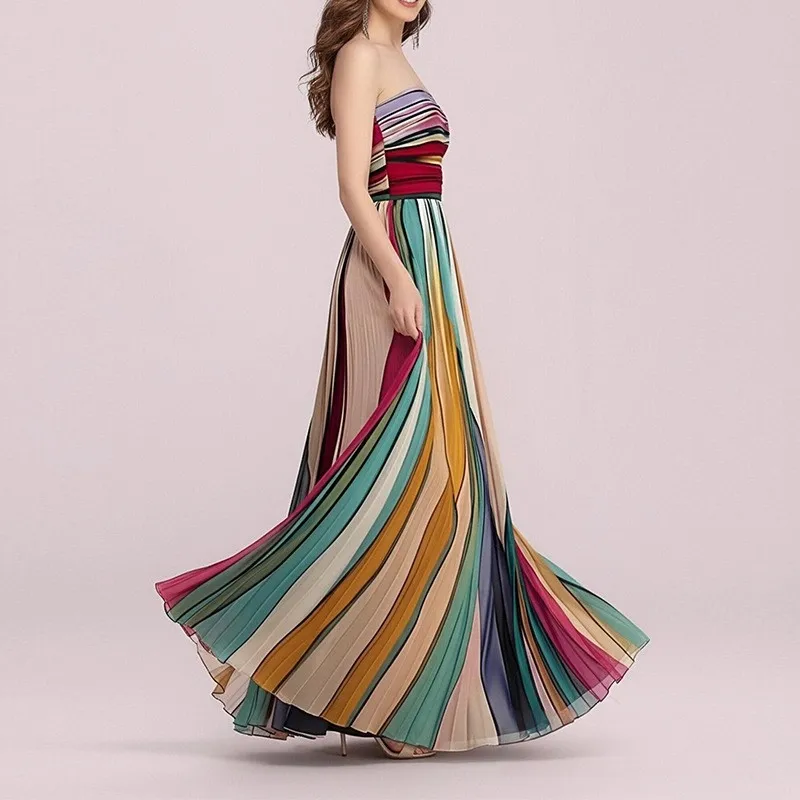 Women's Elegant Pleated Sleeveless High Waist A Line Dress for Wedding Guest Summer Party Floral Print Collarless Long Dress