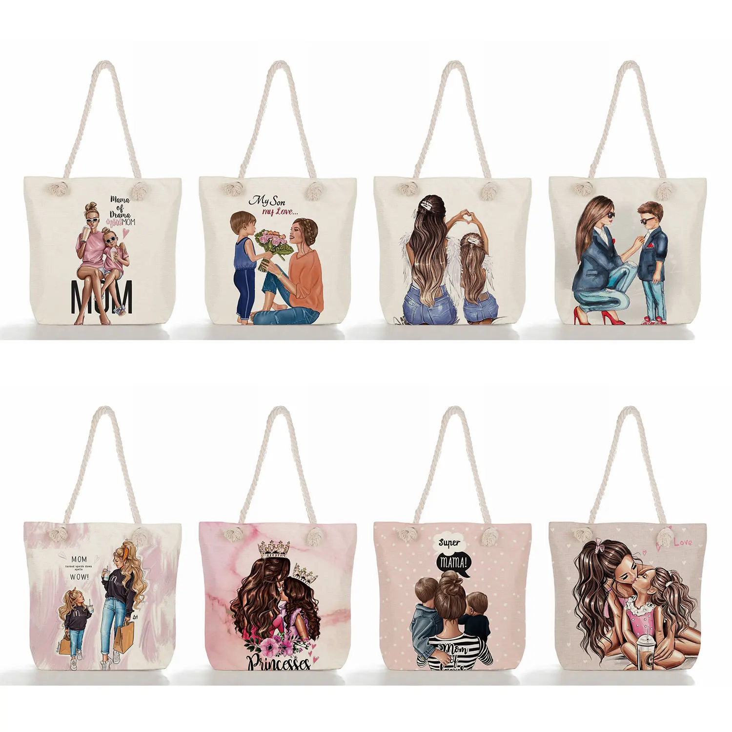 Travel Practical Portable Beach Bag Mom and Baby Folding Women Casual Tote Custom Cute Cartoon Super Mama Print Big Size Handbag