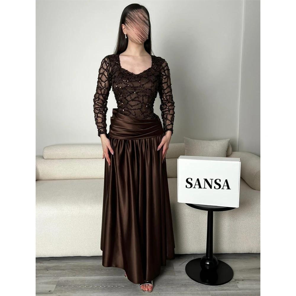 

Вечернее платье Sansa 2026: коричневое, с плиссировкой, А-силуэт, блестящие пайетки, на молнии, с длинными рукавами, в пол, для выпускного вечера