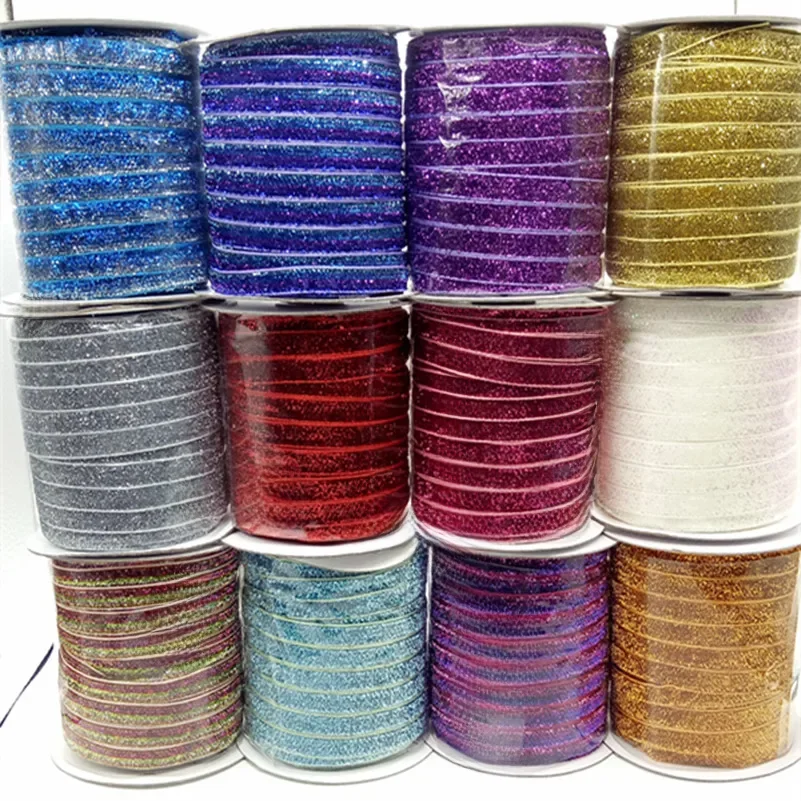 50 jardów 48 kolorów Sparkle Glitter metaliczna aksamitna wstążka z pałąkiem na głowę klipsy kokarda dekoracje ślubne dekoracje świąteczne DIY 3/8 "szerokość 10mm — zdjęcie 2