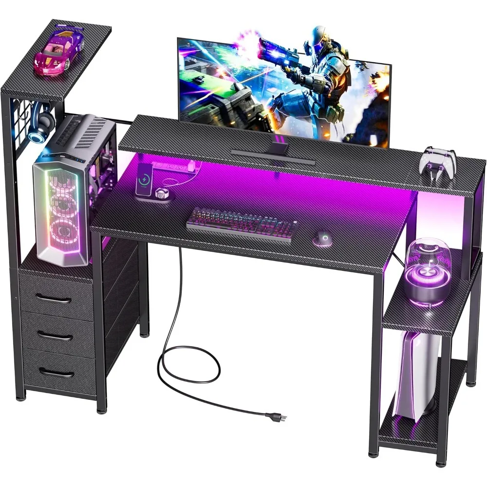

Игровой стол с LED-подсветкой и розетками, компьютерный стол с тканевыми ящиками и боковым крючком, реверсивный геймерский стол с подставкой для монитора