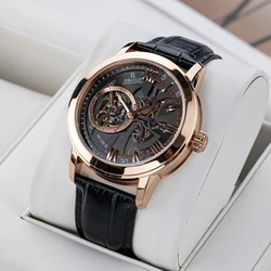 OBLVLO Retro Men Hollow-out Automatic Watches Mechanical Fashion Calfskin Strap Sapphire Waterproof Rose Gold 42mm Watch VMQ-ND