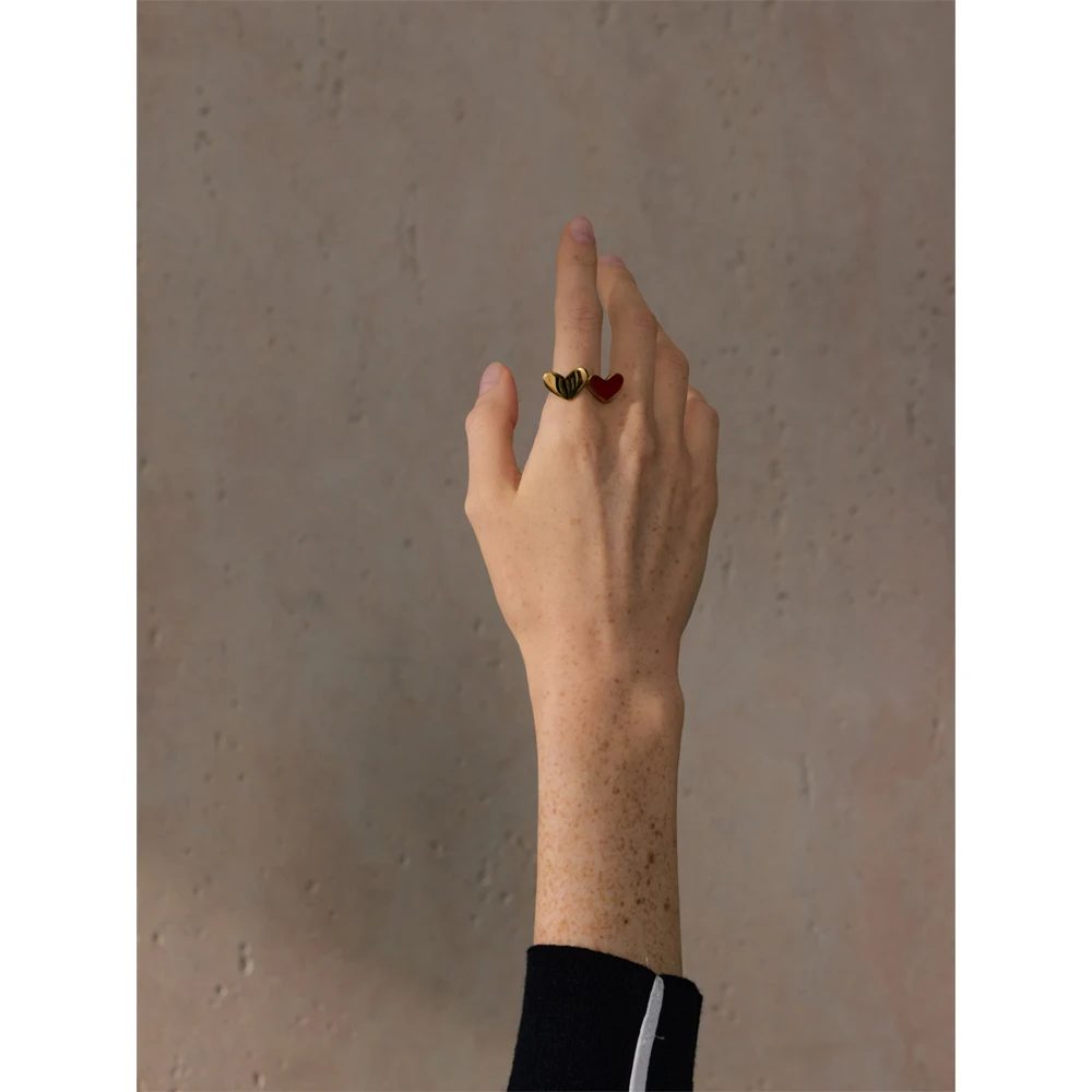 Yhpup 678# Stainless Steel Red Enamel Heart Stylish Ring 18K Gold Color Plated Romantic Valentine\'s Day Gift Smooth Jewelry