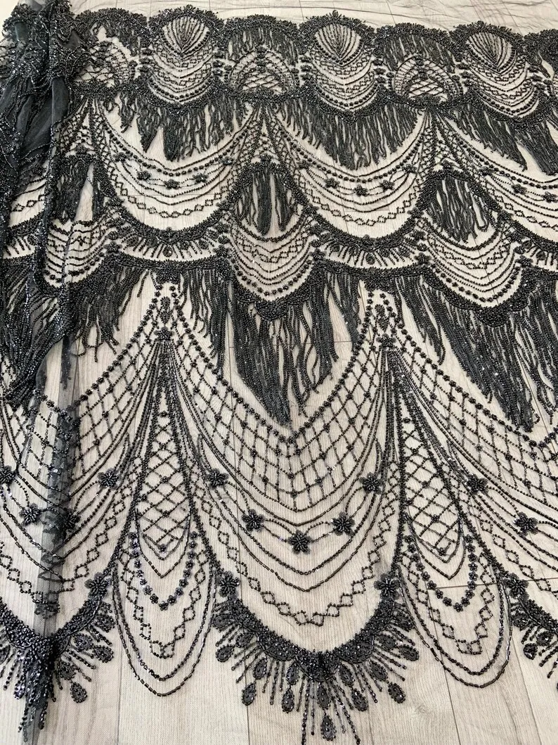 

Black Bead Fabric With Fringes For Dress Heavy Bead Tulle Fabric With 3D Tassels Wedding Dress Bridal Veil Sewing Craft DIY