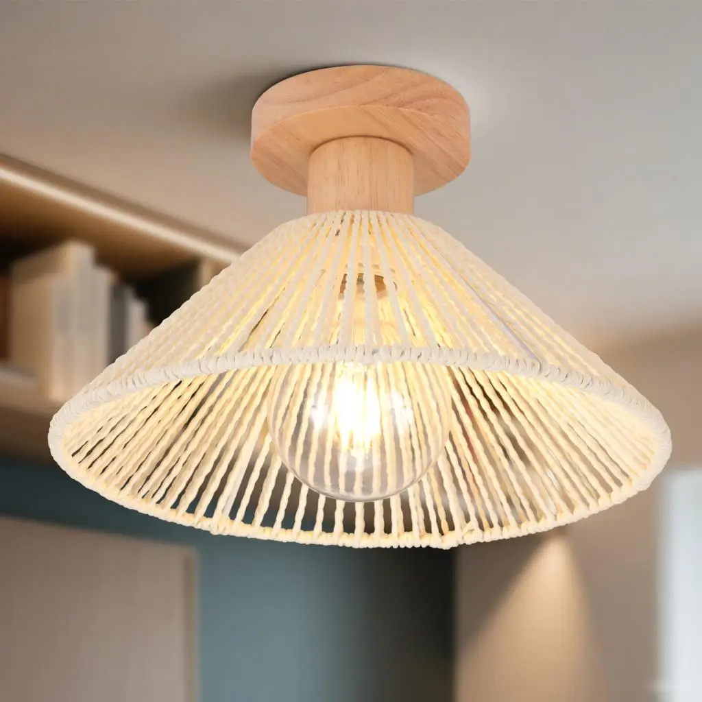 

Ретро деревянная пеньковая веревка тканый потолочный светильник коридор проход гостиная потолочный светильник E27 ручной работы плетение из ротанга люстра светильник