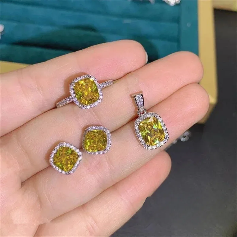 CC zestawy biżuterii wisiorek kolczyki zestaw pierścieni dla kobiet białe pozłacane Fine Jewelry żółty cyrkon akcesoria luksusowy prezent — zdjęcie 2