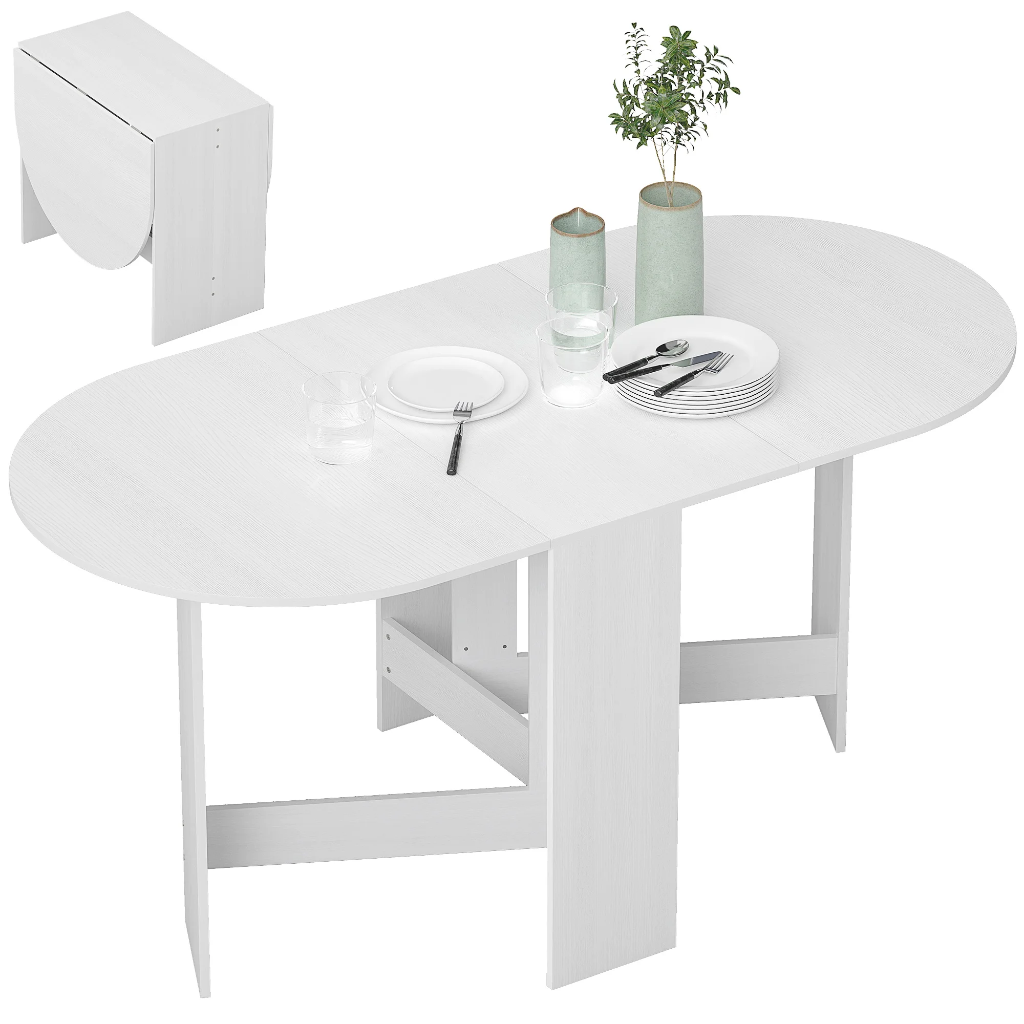 Opklapbare eettafel, tafel met neerklappende bladen voor kleine ruimtes, ovaal tafelblad voor de eetkamer, eikenhout-look - afbeelding 2