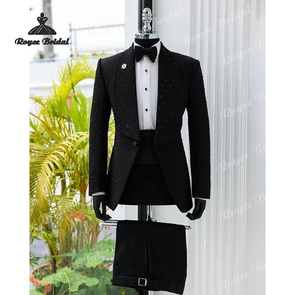 Garnitur męski dwuczęściowy, zdobiony koralikami, zapinany na jeden guzik, na wesele 2026, z kołnierzem szalowym, formalny, wieczorowy, na studniówkę, szyty na miarę, trajes para hombre