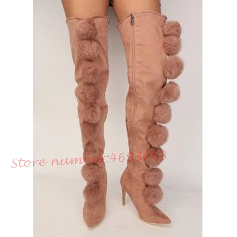 Poms Suede Pink Thigh High Boots Women Spring Sweet Thin High Heels Fur Stretch Boots Pointed Toe Female Sexy Elegant Long Shoes