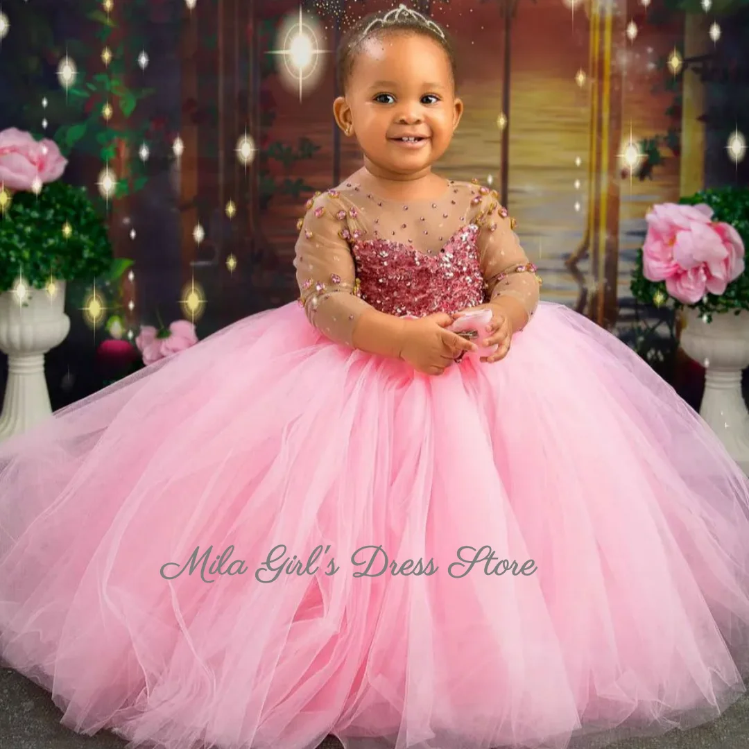Pink Beading Flower Girl Dress For Wedding Princess Sequin Girls Birthday Party Kids Pageant Ball Gowns With Sleeves Customized