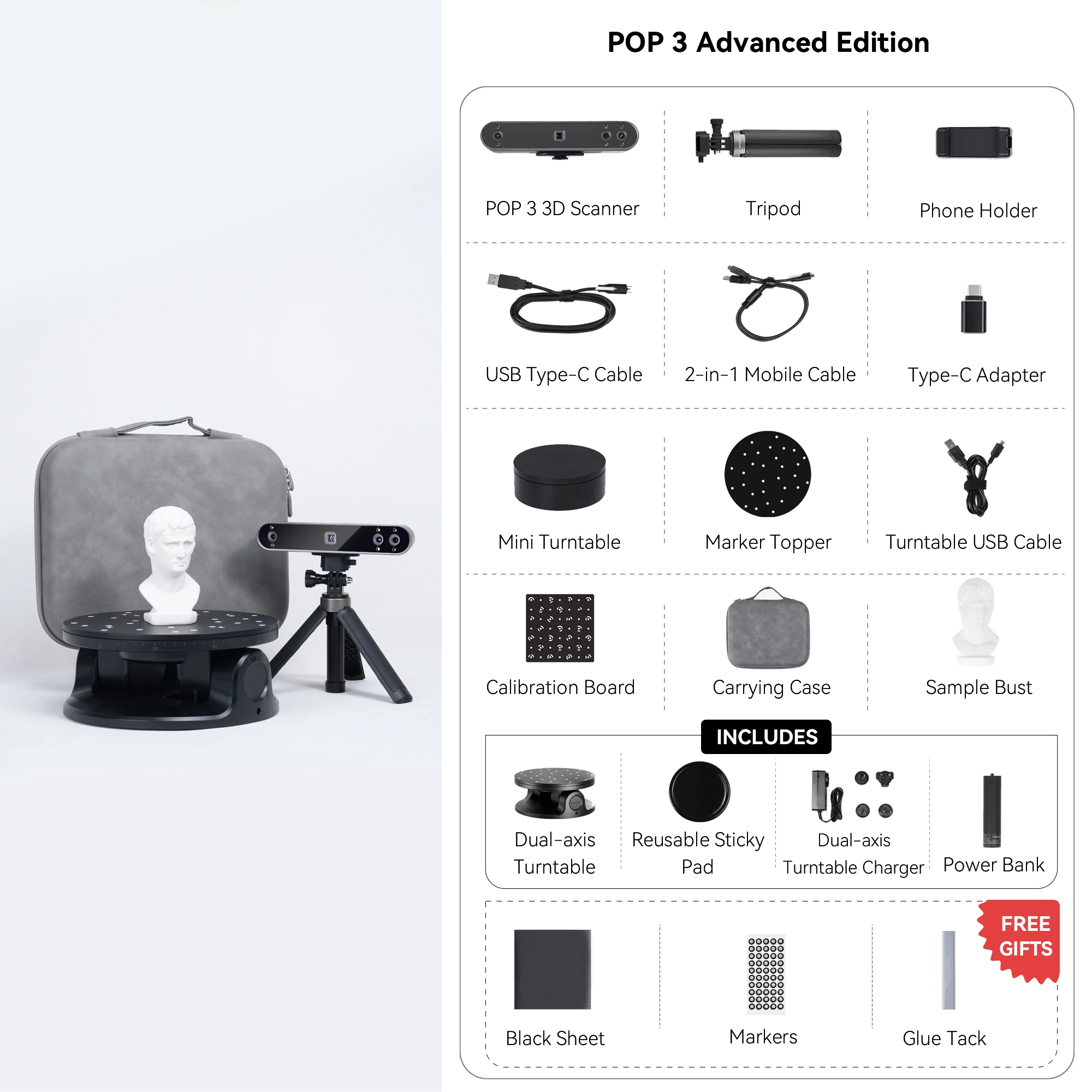 Imagem -06 - Handheld Scanner 3d para Impressora 3d Alta Precisão Mesa Giratória de Eixo Duplo Edição Avançada 005 mm Revopoint-pop3