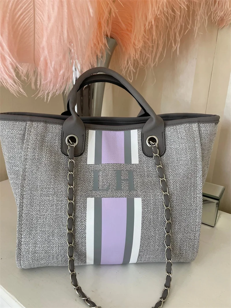 Personalized Monogram Tote Bag Canvas Customised Grey Lilac White Chain Handbag Personalised Stripe Initials Shoulder Tote Bag