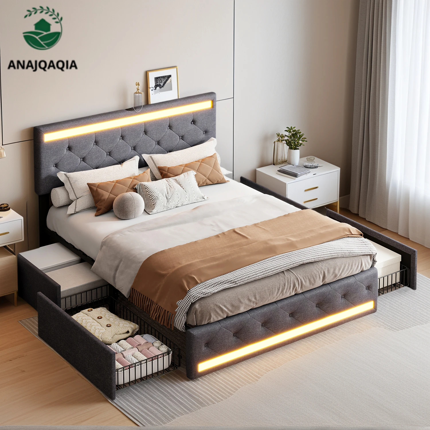 Cama Tapizada Anajqaqia con LED de 140x200cm/180x200cm con 4 Cajones, Luz LED y Puerto de Carga USB, Cama Doble con Estructura de Listones