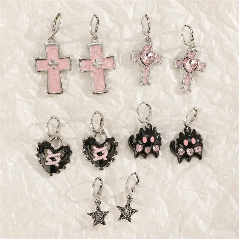 Goth Vintage Cute Bowknot Pink Strawberry Heart Star Pendant Earrings Egirl Gothic 2000s Y2K EMO Rave Jewelry Scene Akcesoria — 2