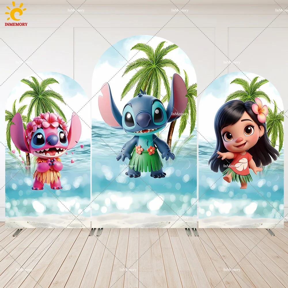 3D Aloha Lilo & Stitch Arch Backdrop Cover for Baby Shower Decorations Palm Tree Stitch Newborn 1st Birthday Party Arched Wall