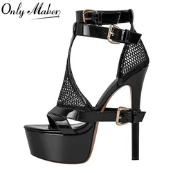 Onlymaker damskie sandały na platformie Peep Toe cienkie obcasy pasek na kostkę sandały z klamrą modne letnie obcasy