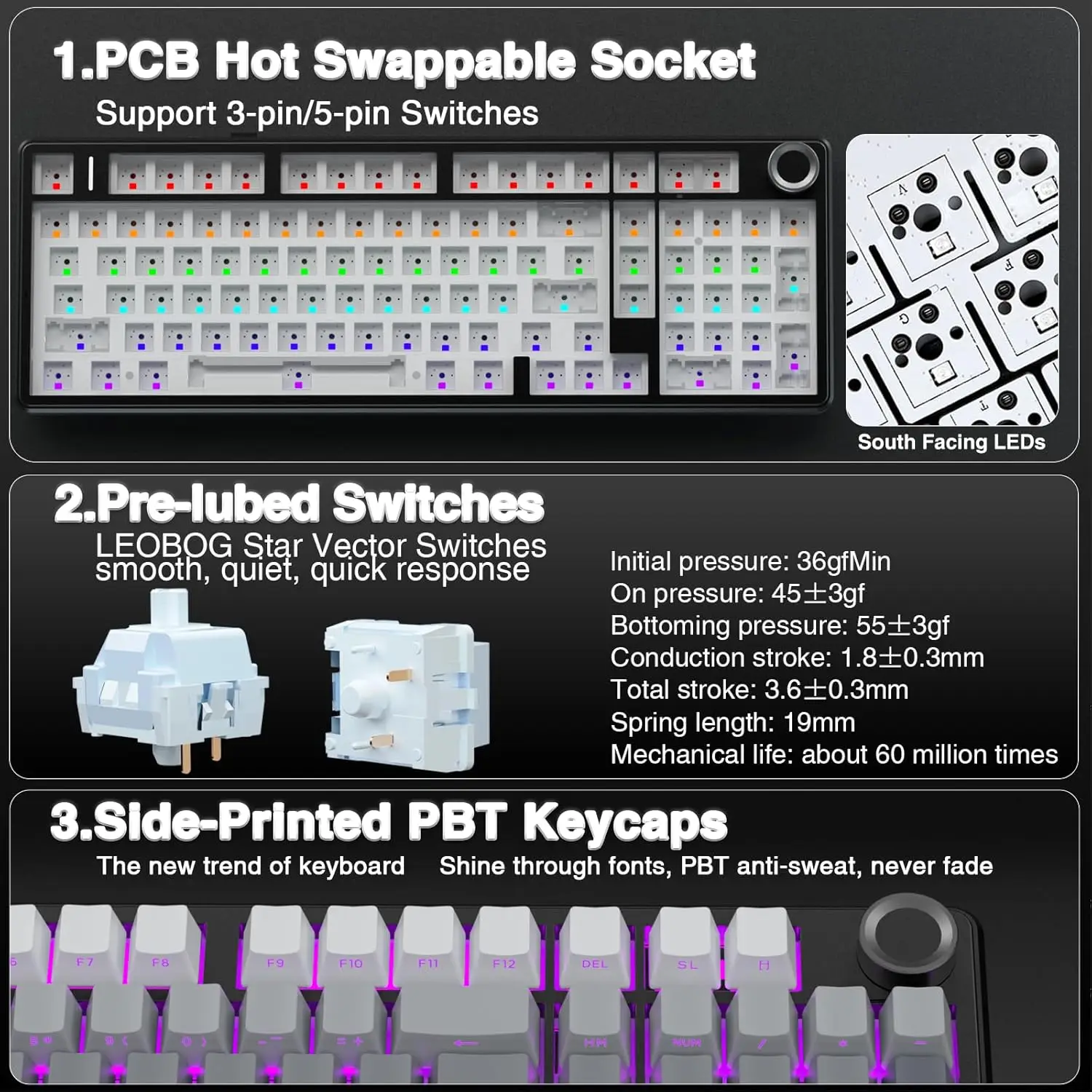 Teclado Mecánico para Juegos AULA F99 Pro, 99 Teclas, Tres Modos Inalámbricos, Estructura de Junta Intercambiable en Caliente, Teclado Personalizado con Perilla Multimedia 6