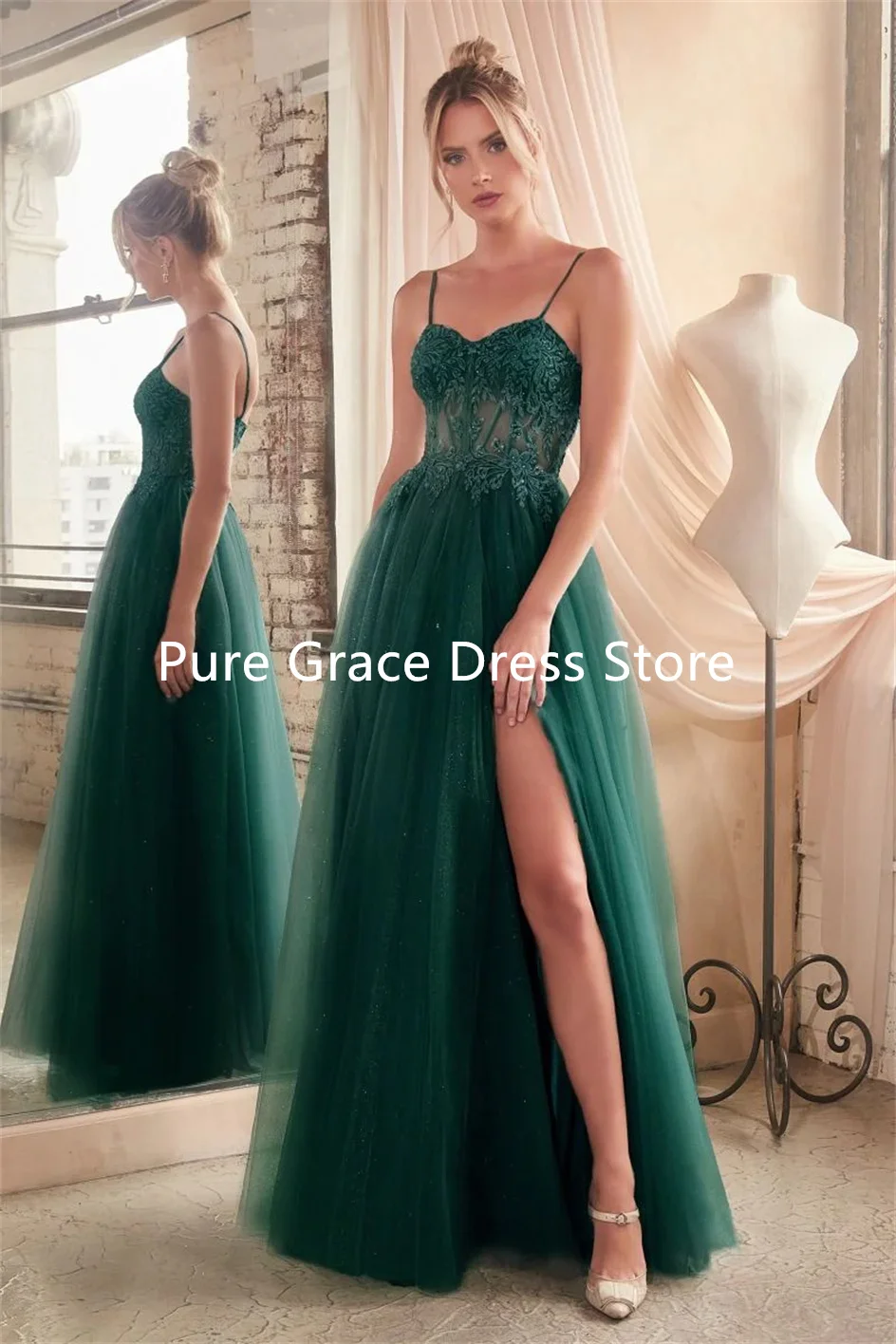 

A Line Spaghetti Straps Tulle Prom Dress Appliques V Neck Wedding Dresses فساتين سهرة Sleeveless Evening Dresses robes de soirée