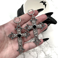 Gothic Large Silver Colour Tone Jewel Cross Earrings with Black Punk Hallowmas Jewellery Gorgeous Wedding Statement Women