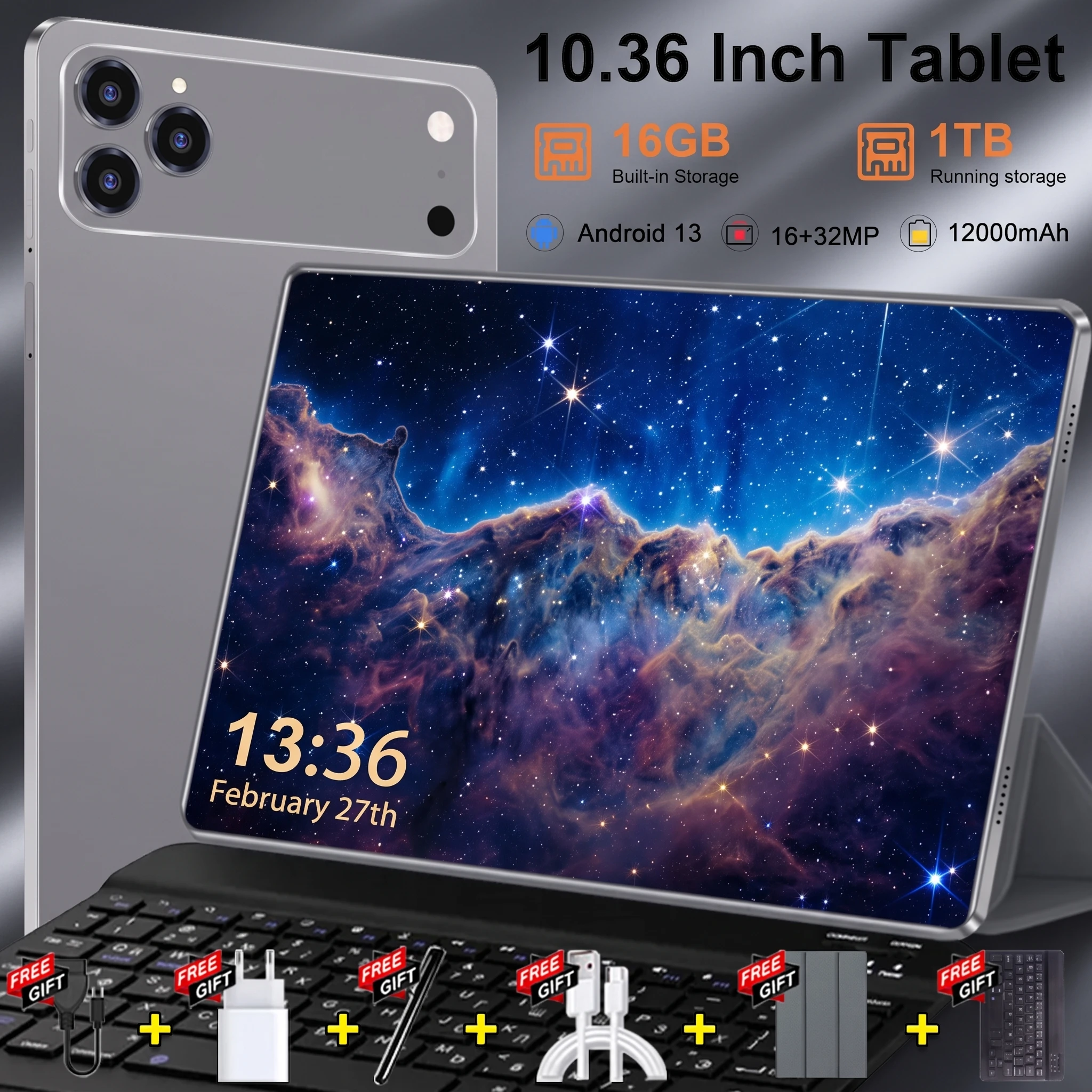 Tableta 5G con conectividad total, pantalla de 10,36 pulgadas, Android 13, 16 GB de RAM, 1 TB de almacenamiento, batería de 12000 mAh