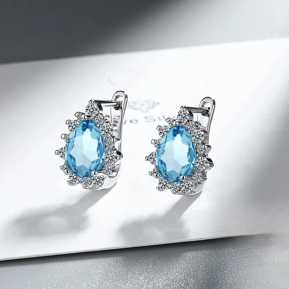 Gruszka prawdziwy naturalny niebieski topaz 925 srebro kolczyki koła w kształcie kropli wody dla kobiet modne oświadczenie biżuteria z kamieniami szlachetnymi — zdjęcie 2