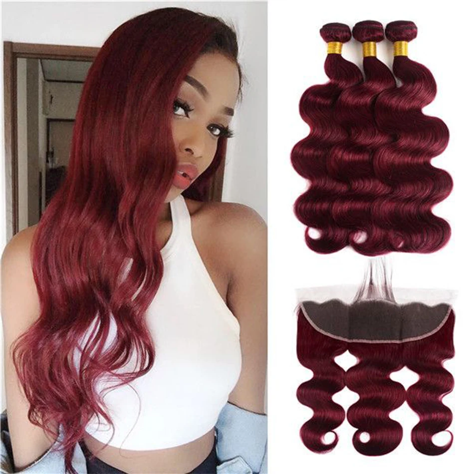 99J Burgundy Bundles with Frontal Body Wave Brazilian Human Hair Wine Red Pre Plucked with Baby Hair 3 Bundles with 13×4 Frontal