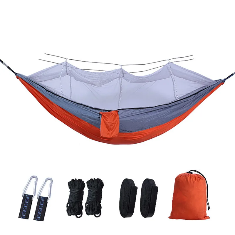 QX Lightweight Nylon Camping Hammock with Mosquito Net Anti Rollover Portable Outdoor Swing Bed Tree Straps Pack