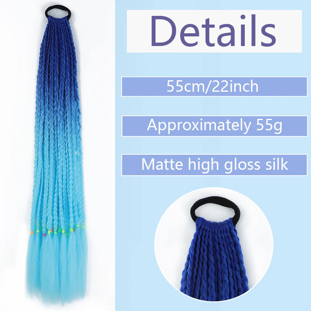 Synthetic Rainbow Color Braided Ponytail For Girls Hair Elastic Rubber Band 22inch Kids Box Pigtail Pony Tail Hair Extensions