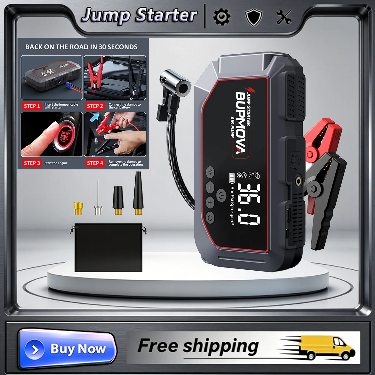 Avviatore di emergenza per auto 2 in 1 6000A con compressore d'aria 150PSI, power bank portatile 26800mAh, display LCD intelligente, funzione di arresto automatico e luci di emergenza a LED a 3