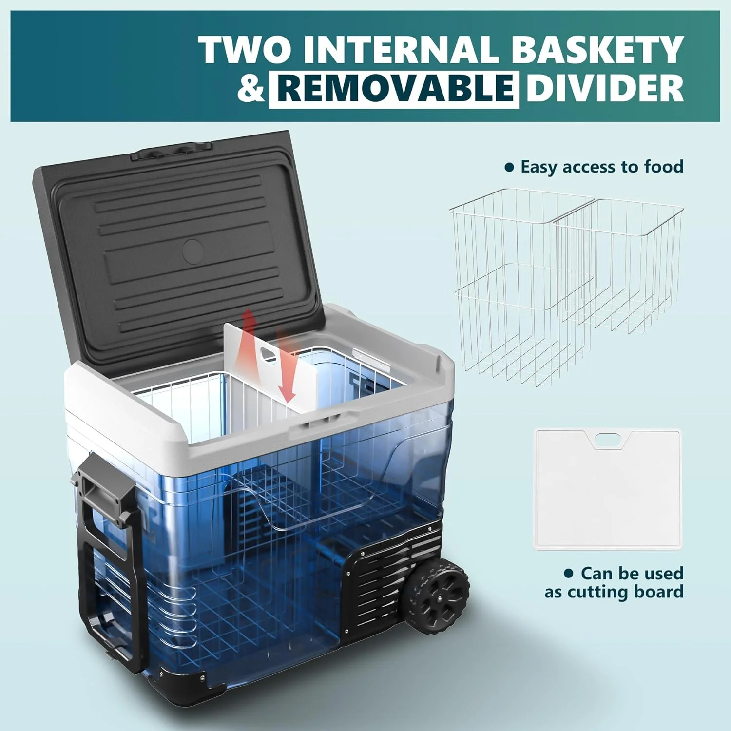 EKOJUCE 12 Volt Refrigerator, 58QT Electric Cooler, Portable Freezer With Wheels & 2 Baskets For Travel, Truck, Boat, Camping