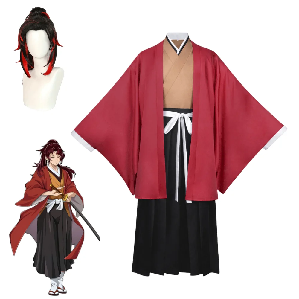 

Demon Slayer Yoriichi Cosplay Costume Japanese Samurai Uniform Red Haori Kimono Full Set Yoriichi Tsugikuni Wig Comic Con Outfit