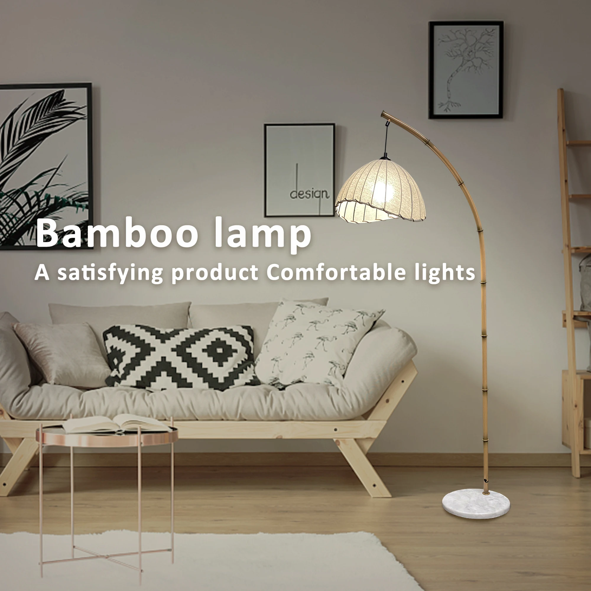 Bamboo Floor Lamp Bohemian Hanging Arc Floor Lamp with 3 Color Temperatures Linen Lampshade Standing Lamps Antique Rattan Style