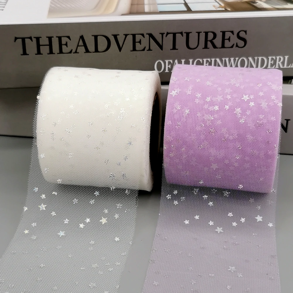 Starry Tulle Ribbon Illusory Star Mesh Film TapeDIY Handmade Hair Bow, Wedding Party Favor, Jewelry Box Trimming, 6cm, 25Yards