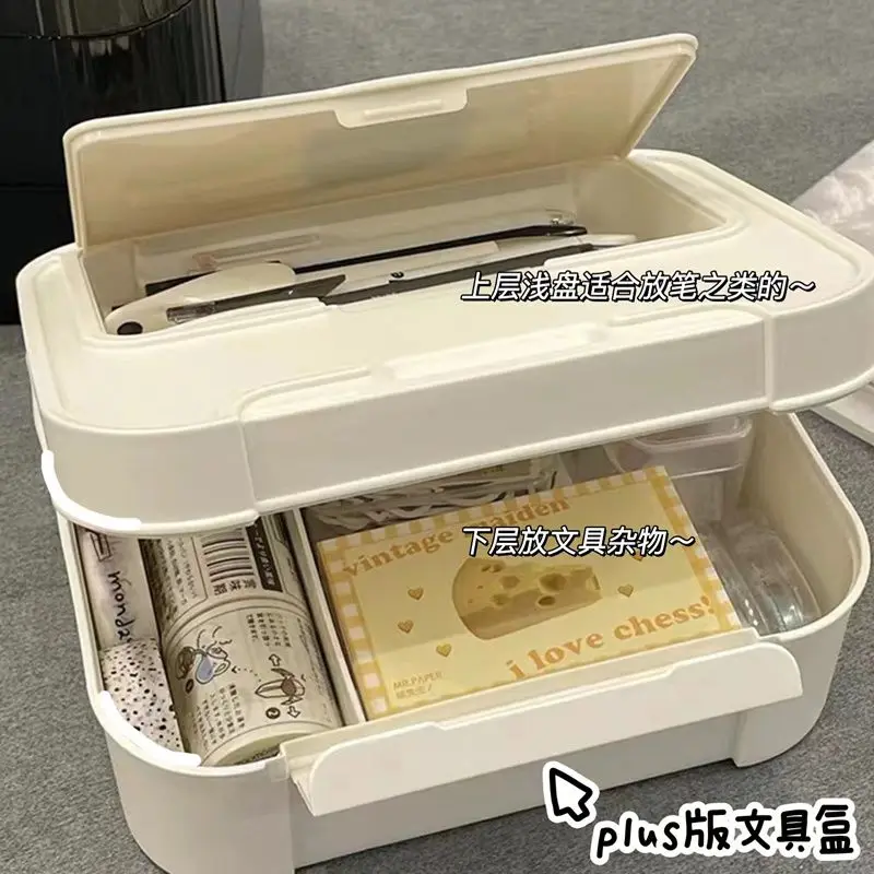 

Storage box with cover, desktop ins multi-functional pen holder, large-capacity multi-layer student stationery box